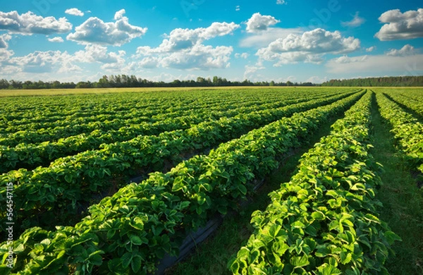 Fototapeta Strawberries plantation on a sunny day. Landscape with green strawberry field with blue cloudy sky
