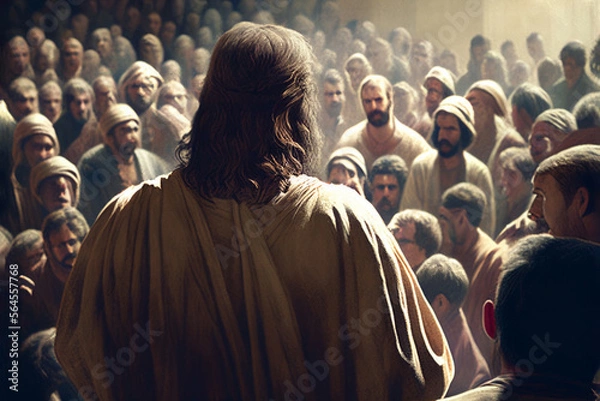 Fototapeta Jezus uczy Kierunków lub ludzi. Widok z tyłu. Generatywna ilustracja AI
