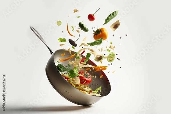 Fototapeta Cooking concept. Vegetables flying out of the pan isolated on white background ,Generative ai
