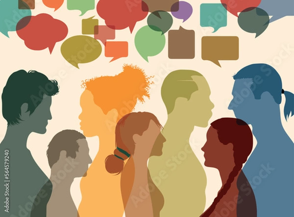 Fototapeta Communication through networking and speech bubbles. Networking and dialogue with multiethnic populations. Talking group of isolated people of various colours. Vector Illustration