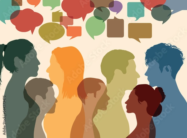Fototapeta Multiethnic and multicultural people talking and dialoguing in a crowd. People share ideas and communicate with each other. Vector Illustration	