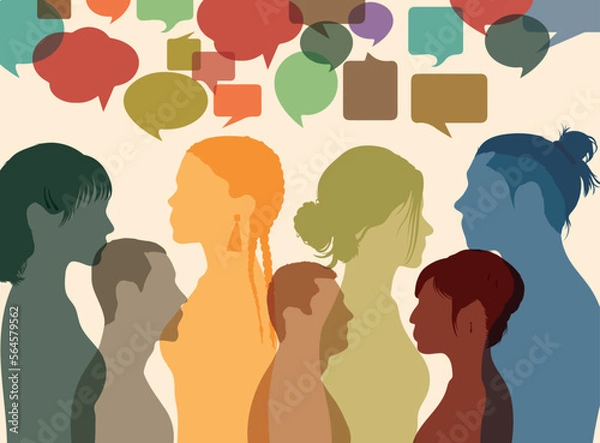 Fototapeta Dialogue and information exchange. Speech bubbles. Share ideas and communicate among multiethnic and multicultural people. Vector Illustration