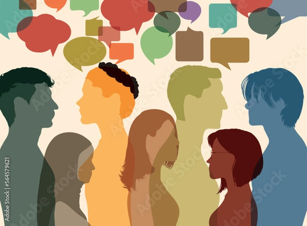 Fototapeta People communicate with each other. An image of a crowd talking and a speech bubbles. Several people are talking. Vector Illustration