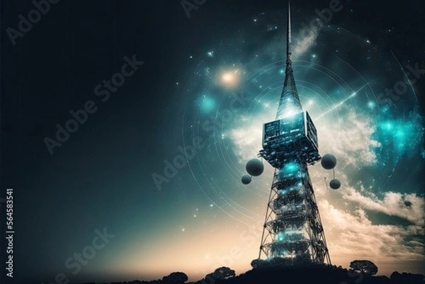 Fototapeta Background image shows network tower technology communication antenna tower for wireless high speed internet. Future proof fastest internet technology Realistic generative ai
