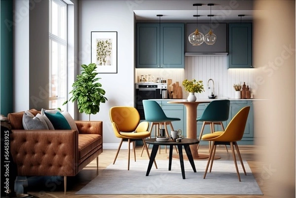 Fototapeta Chairs arranged at kitchen island in apartment. Sofa with coffee table is in living room. Interior of modern bright home generative ai