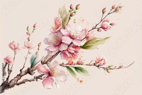 Fototapeta Cherry blossom branch with pink flowers. pink sakura flower background. watercolor cherry blossom. cherry blossom branch with sakura. sakura on white background. generative ai