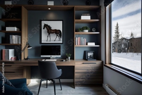 Fototapeta Modern home office with clean lines and a wall of built-in shelves generative ai
