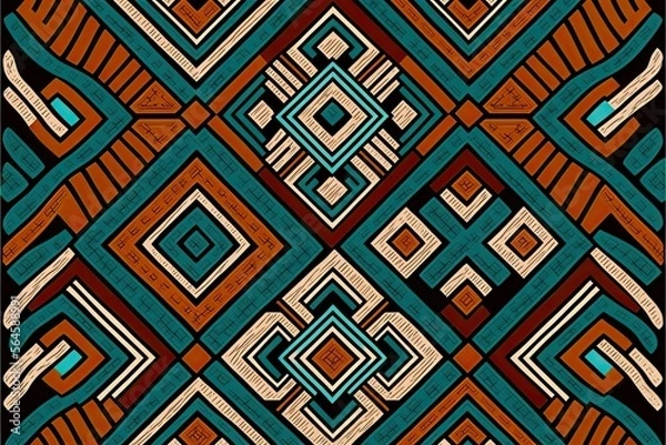 Fototapeta Tribal lines mosaic seamless pattern abstract geometric ethnic tile creative hand drawn ornament in folk style generative ai