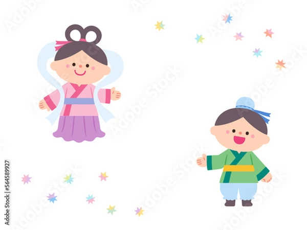 Fototapeta 七夕イラスト素材　ひこぼしとおりひめ.