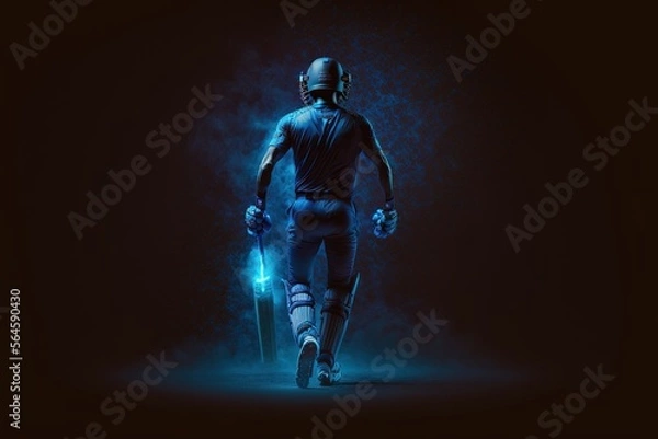 Obraz A cricket player walking on the ground in a blue jersey. Cricket. sports player. Generative AI