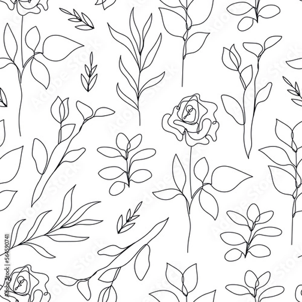 Fototapeta Vector flower linear seamless background, roses and leaves line pattern, hand drawn style. Monoline doodle.