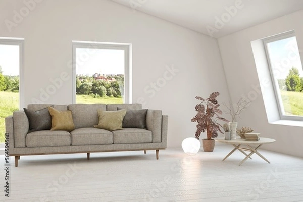 Obraz Minimalist living room in white color with sofa and summer landscape in window. Scandinavian interior design. 3D illustration