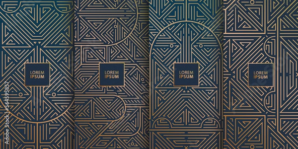 Fototapeta Vector set of line design in trendy vintage style, abstract art deco geometric frames with archs, luxury package templates. Use for wedding invitation, chocolate, wine, cover, card, print, poster.