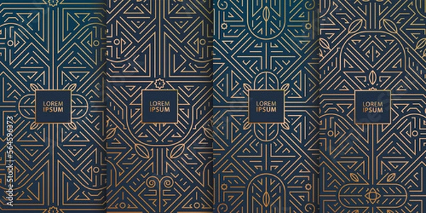 Fototapeta Vector set of line design in trendy vintage style, abstract art deco geometric frames, luxury package templates with leaves. Use for wedding invitation, chocolate, wine, cover, card, print, poster.