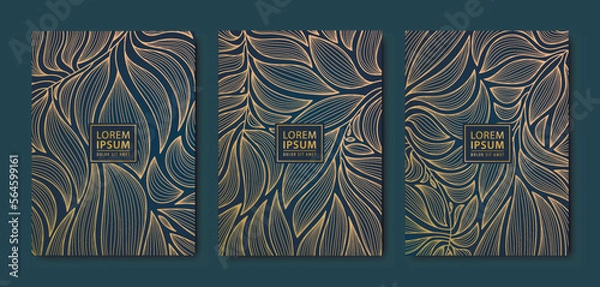 Fototapeta Vector japanese leaves art deco patterns. Floral golden elements template in vintage style. Luxury black line covers, flyers, brochures, packaging design, social media post, banners.
