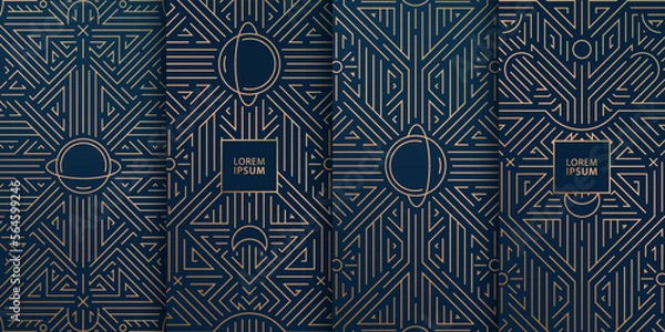 Fototapeta Vector set of line design in trendy vintage style, abstract art deco geometric frames, luxury package templates with planets. Celectial, magic covers, invitations, cards