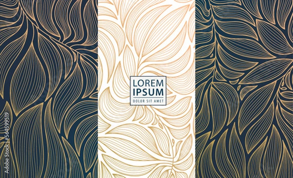 Fototapeta Set of vector design elements: labels, frames, wedding invitations, social net stories, packaging, luxury products, perfume, soap, wine. Line golden backgrounds, floral patterns with leaves.