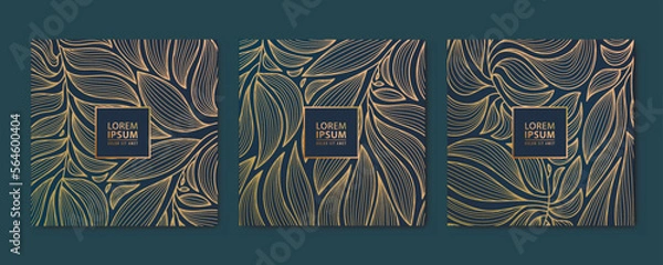 Fototapeta Vector set of abstract luxury golden square cards, post templates for social net, wavy leaves botanical modern, art deco wallpaper background. Pattern, texture for print, fabric, packaging design