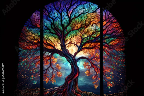 Fototapeta Stained glass tree with colorful magical fantasy leaves, Generative AI