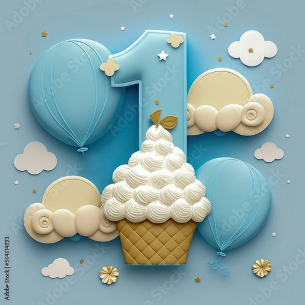 Fototapeta boys first birthday themed digital art large blue number one behind cupcake, background of clouds and balloons, blue background. generative ai
