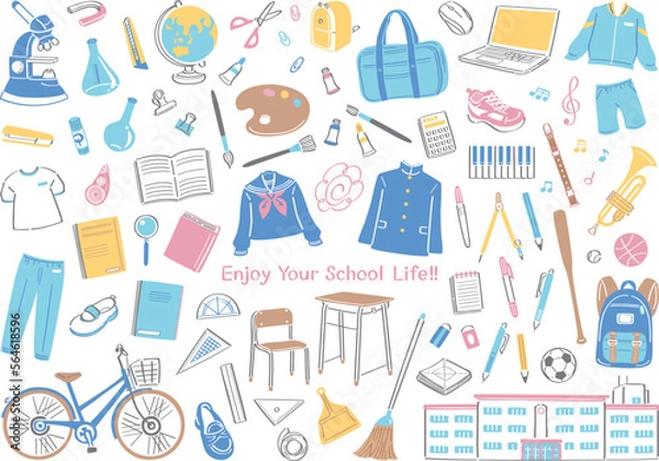 Obraz 学校生活の文房具や道具のイラストセット（中学校・高校）
