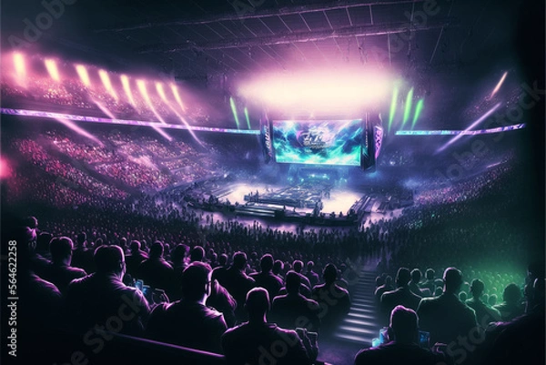 Obraz An esport event with a lot of people in a stadium with neon. Generative IA