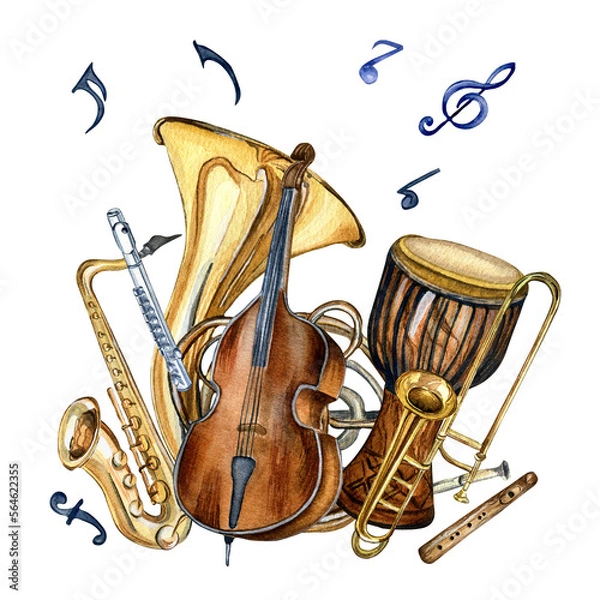 Fototapeta Composition of wind musical instruments and symbol watercolor illustration isolated. Djembe, horn, flute, tuba, contrabass hand drawn. Design element for flyer, concert events, brochure, poster, print
