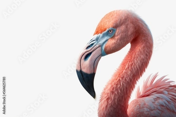 Fototapeta Beautiful Flamingo isolated on white. Close up of pink flamingo bird isolated on white background. generative ai