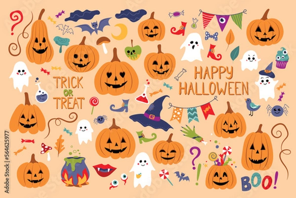 Fototapeta Big Collection of Halloween Elements. Pumpkins, Zombie and Ghosts, Spiders and Bats, Witchcraft and Lot of Deco Elements.  Hand Drawn Style. Vector Illustration