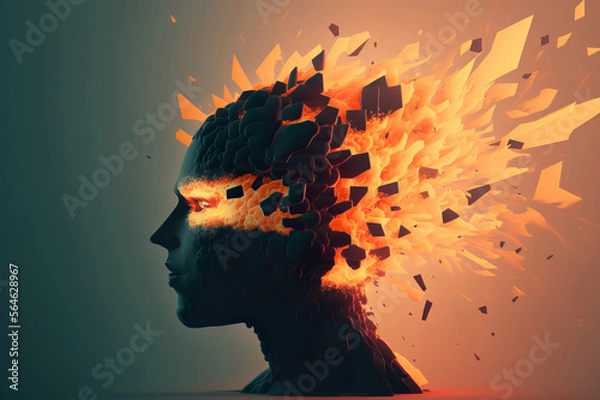 Fototapeta Beautiful Colorful Exploding Face Silhouette. Mindset on Ceativity and Positive Energy in your Head. Digital Art Illustration.