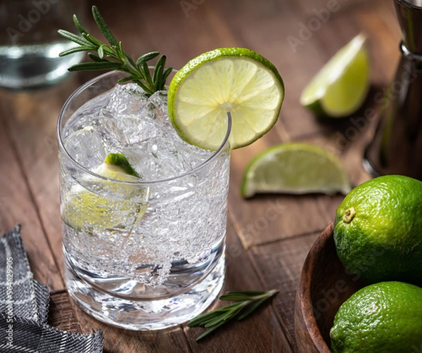 Fototapeta Gin and tonic cocktail with lime. rosemary and ice