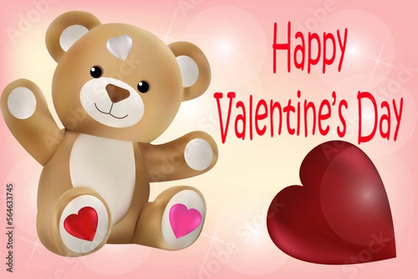 Fototapeta Teddy bear and a big heart on a pink background with the inscription Happy Valentine's Day. Vector image
