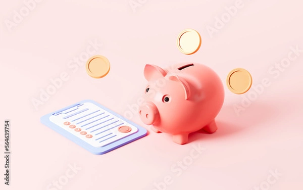 Fototapeta Piggy bank and contract in the pink background, 3d rendering.