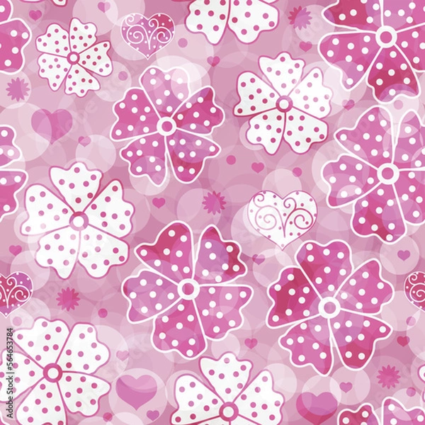 Fototapeta Vector pink seamless pattern with hearts and flowers, bokeh