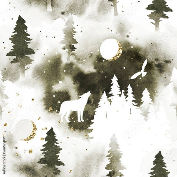 Fototapeta Watercolor stylish seamless pattern with coniferous forest, wolf and owl. Vector silhouette of wolf howling at the full moon. Nature design for page fill, wrapping paper, web, textile print