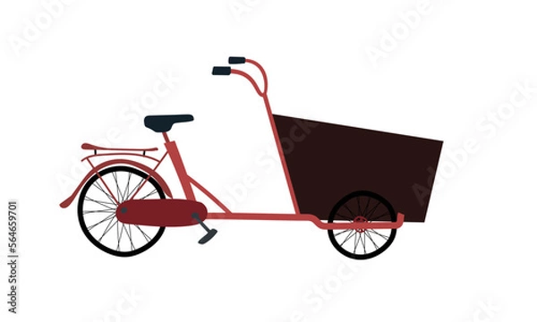 Obraz Cargo bike simple flat hand drawn style standing at the parking. Advertisement vector illustration red and brown colors.