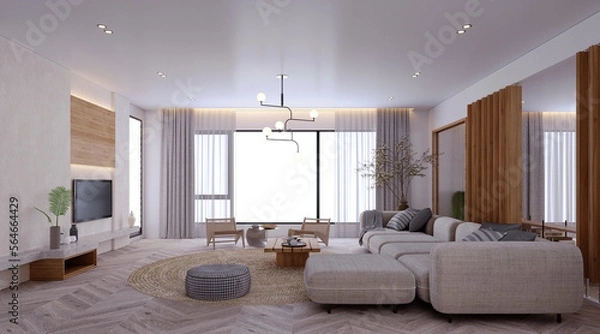 Obraz 3d rendering,3d illustration, Interior Scene and  Mockup,modern style living room decorated with wood in gray and white.