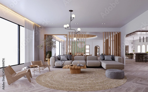 Obraz 3d rendering,3d illustration, Interior Scene and  Mockup,modern style living room decorated with wood in gray and white.