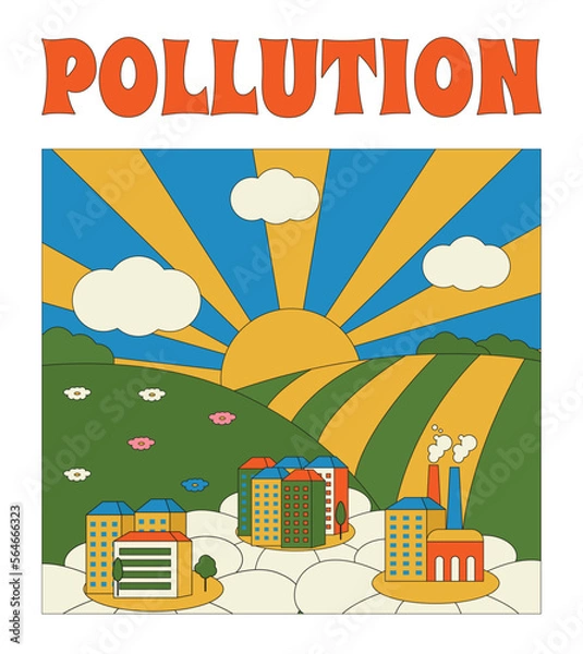 Fototapeta Vector poster pollution environment retro print with flowers, vintage. Meadow with sunrise