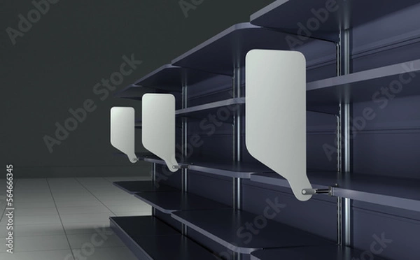 Fototapeta Blank Shelf-Stopper With Shelf, Close-up View Wobler Template, White Advertising Banner Attached To Shelf, 3D render Illustration