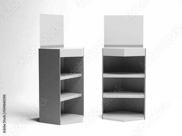 Fototapeta Supermarket POS POI Cardboard Floor Display Rack, Blank Empty Advertisement Stand Mock Up, 3D rendering	