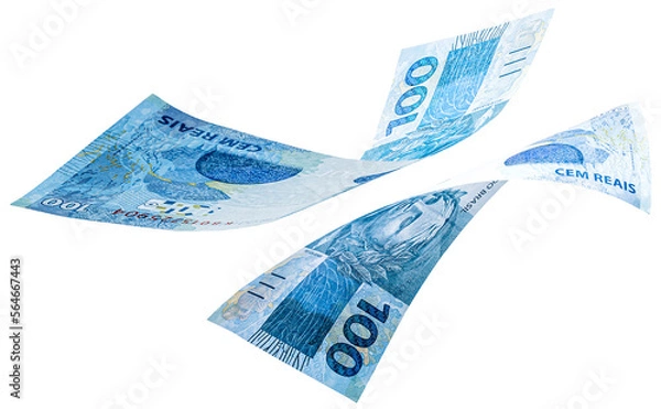 Fototapeta banknotes of one hundred reais from brazil falling on isolated white background. Fall of the Brazilian currency, devaluation, economic crisis.