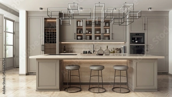 Fototapeta The interior of the kitchen was designed as a combination of classic modern and glamour styles. Grey decorative fronts of cabinets harmonize with light stone and blac details. 3d illustration