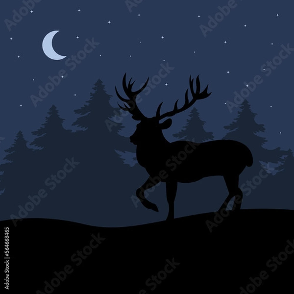 Fototapeta Deer in the night forest, moon and stars. Vector illustration. Flat cartoon style