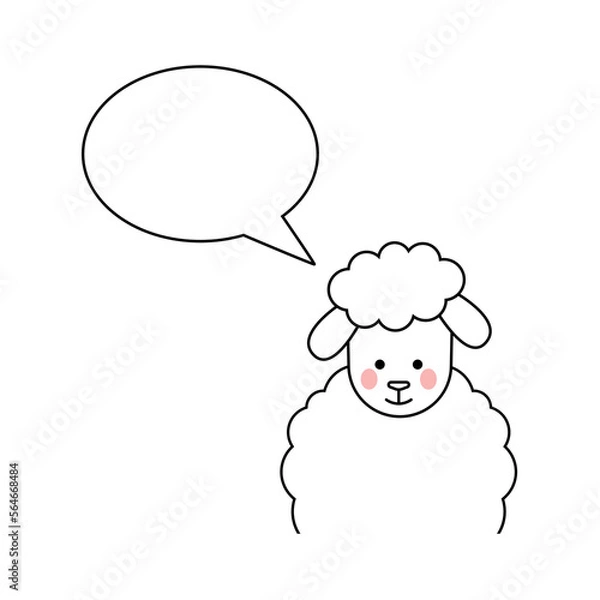 Fototapeta Cute cartoon sheep in line style isolated on white background. Animal character. Cartoon sheep vector illustration and bubble speech 