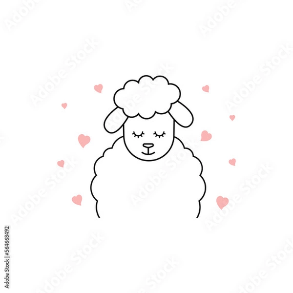 Fototapeta Cute cartoon sheep in line style isolated on white background. Animal character. Vector illustration of sheep in flat style