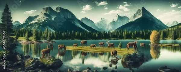 Fototapeta Landscape with Fantasy Animals, Generative AI Illustration