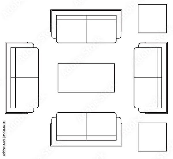 Fototapeta 2D graphic drawing of the top view layout of the sofa set and its side furniture such as coffee table and side table. Drawing in black and white using CAD.