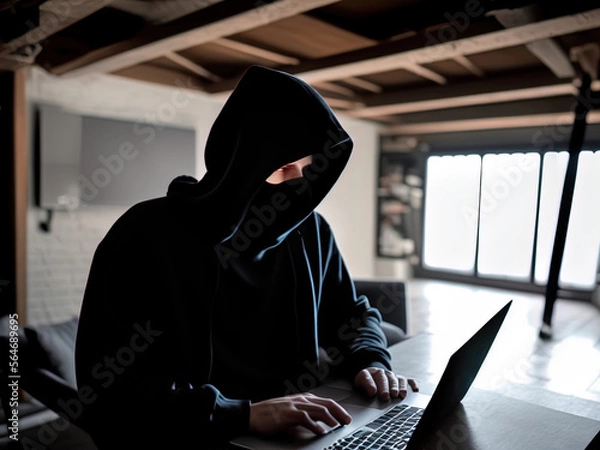 Fototapeta Mysterious hacker in a mask and hoodie. 