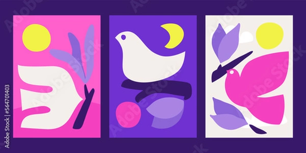 Fototapeta Peace dove with olive branch. Naive style birds in daytime and nighttime. Abstract vector illustration for minimalists poster or simple greeting card